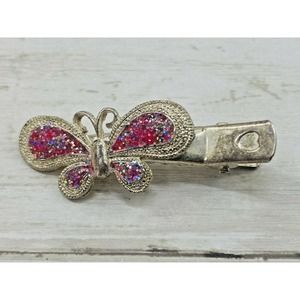 Vintage Butterfly Beak Hair Clip Barrette Silver with Pink Rhinestone Crystals